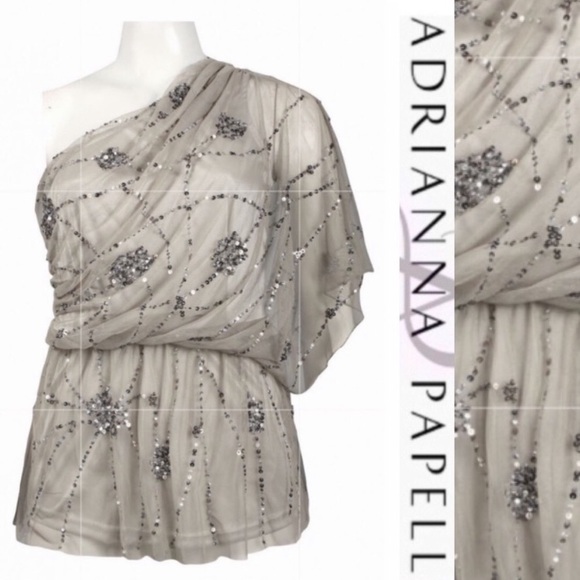 Adrianna Papell beaded blouson drape one shoulder - Picture 2 of 5